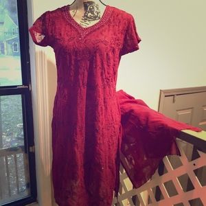 Red Tunic Scarf Set Handmade Embroidered